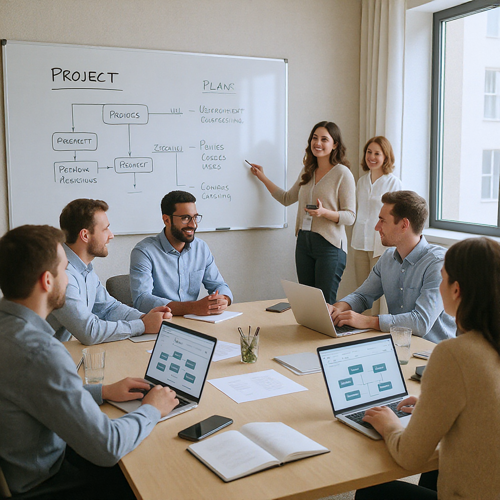 Team meeting in a bright conference room with professionals discussing project plans, whiteboards with diagrams, and laptops displaying development workflows